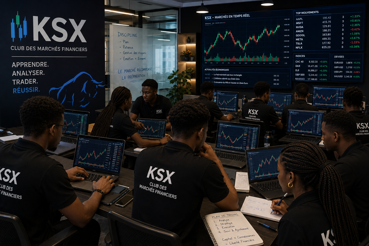 Étudiants du club des marchés financiers KSX en session de trading devant des écrans affichant cours, indices et actualités économiques.